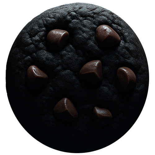 A dark cookie with chocolate chips floating mid air